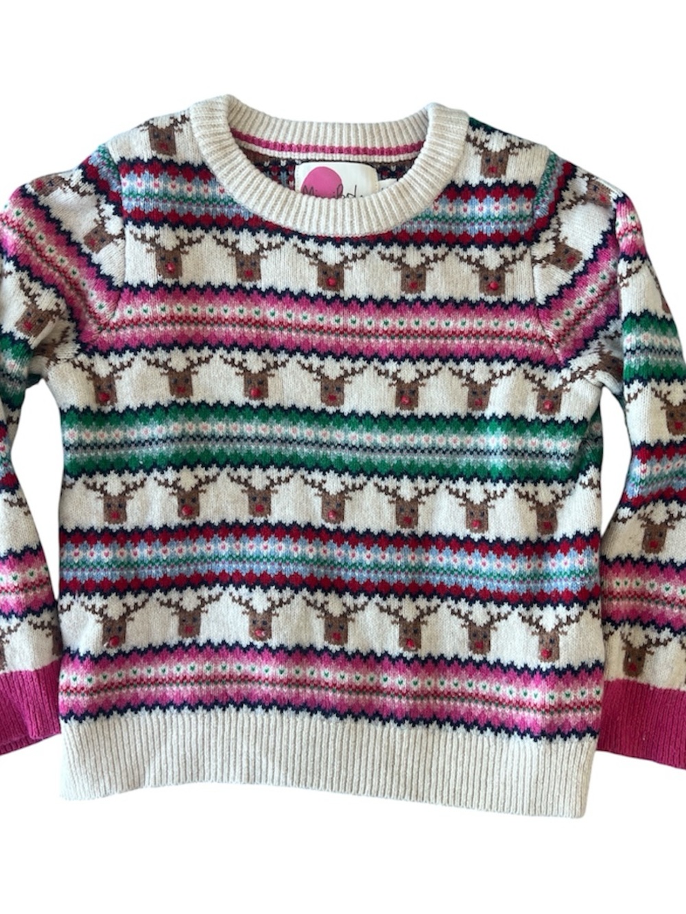 Mini Boden Cream Fair Isle Reindeer Sweater with Pink & Green Accents
